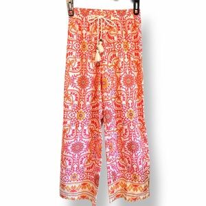 Olivaceous boho print orange wide leg pull up elastic waist cotton pants, sz S